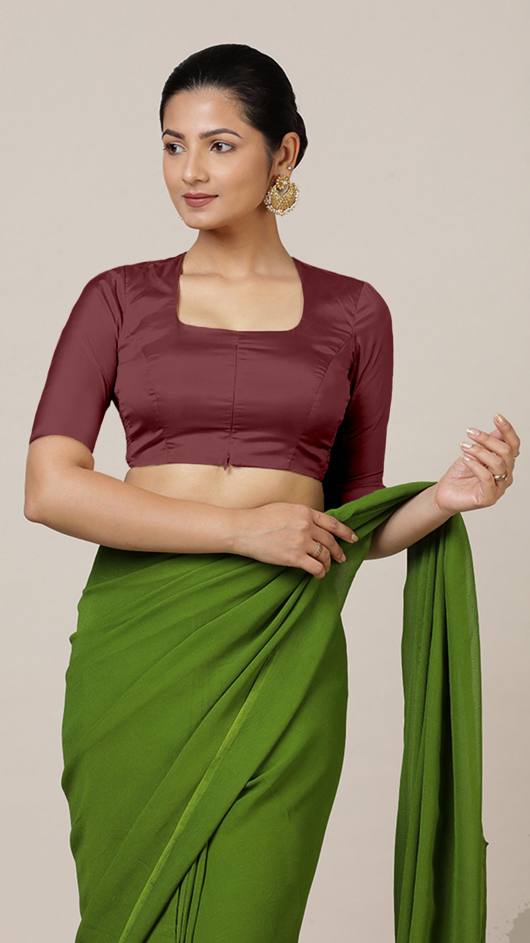 Aziza x Rozaana Saree Blouse, in Maroon Vegan Silk, featuring elbow sleeves and square neckline, made for daily & work.