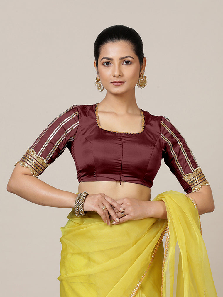 Aziza x Tyohaar Saree Blouse, in Maroon Vegan Silk, featuring elbow sleeves and square neckline, made for party & festive.