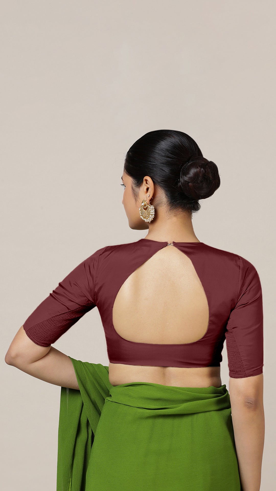 Aziza x Rozaana Saree Blouse, in Maroon Vegan Silk, featuring elbow sleeves and square neckline, made for daily & work (view 2).