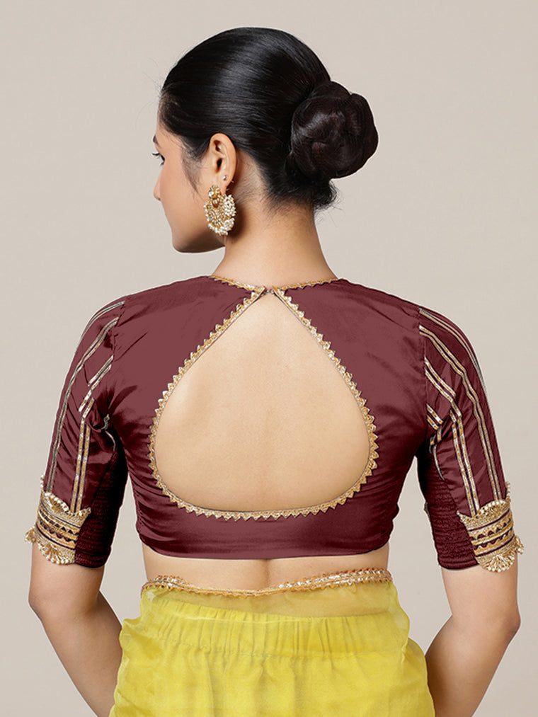 Aziza x Tyohaar Saree Blouse, in Maroon Vegan Silk, featuring elbow sleeves and square neckline, made for party & festive.