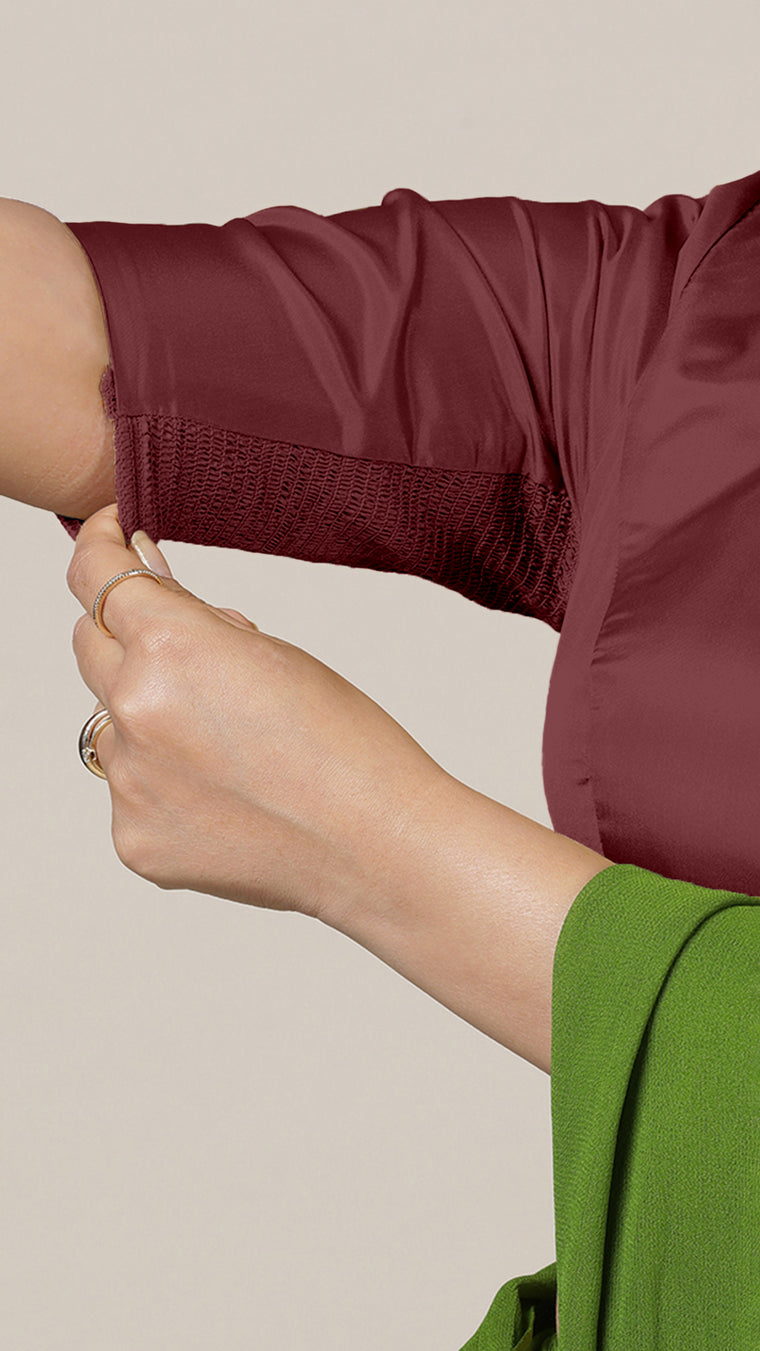 Aziza x Rozaana Saree Blouse, in Maroon Vegan Silk, featuring elbow sleeves and square neckline, made for daily & work (view 3).