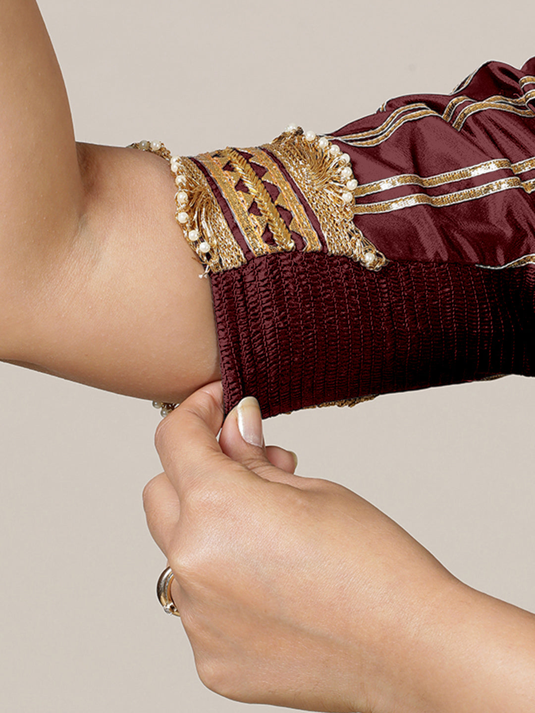 Aziza x Tyohaar Saree Blouse, in Maroon Vegan Silk, featuring elbow sleeves and square neckline, made for party & festive.