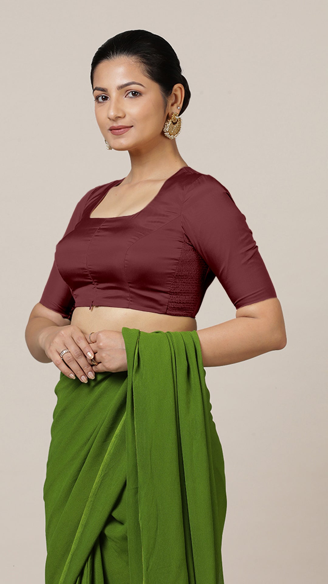 Aziza x Rozaana Saree Blouse, in Maroon Vegan Silk, featuring elbow sleeves and square neckline, made for daily & work (view 6).
