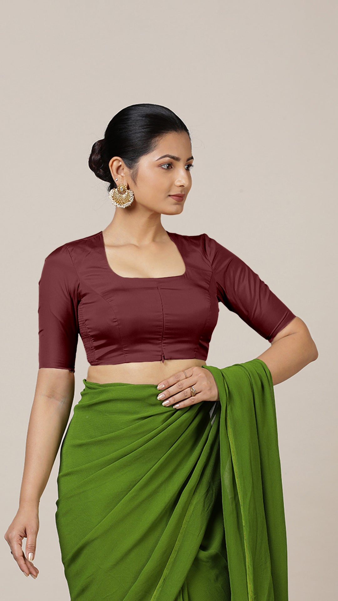 Aziza x Rozaana Saree Blouse, in Maroon Vegan Silk, featuring elbow sleeves and square neckline, made for daily & work (view 7).
