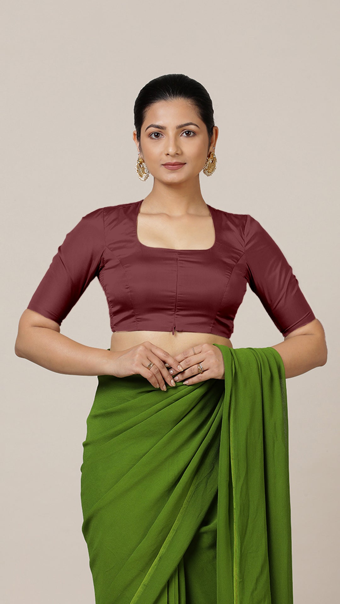 Aziza x Rozaana Saree Blouse, in Maroon Vegan Silk, featuring elbow sleeves and square neckline, made for daily & work (view 8).