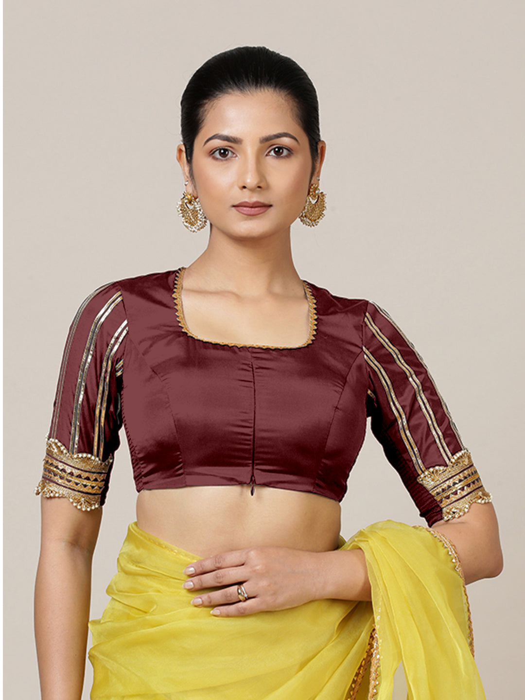 Aziza x Tyohaar Saree Blouse, in Maroon Vegan Silk, featuring elbow sleeves and square neckline, made for party & festive.