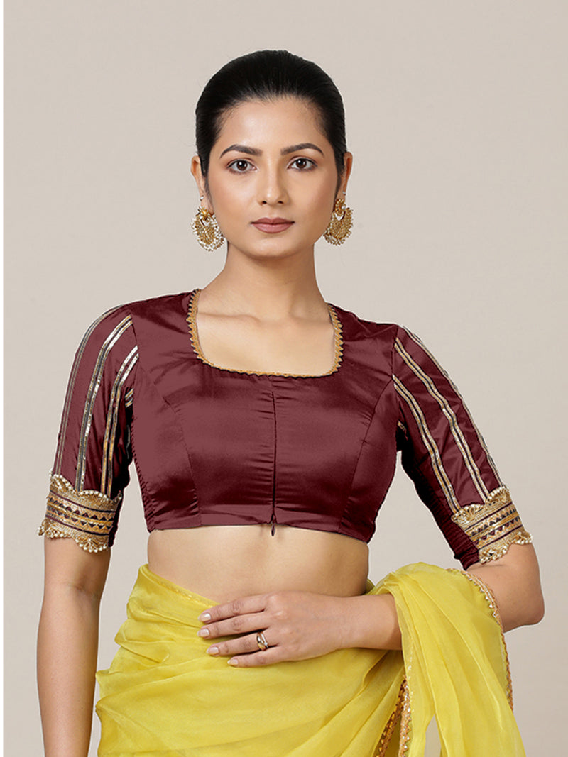 Aziza x Tyohaar | Elbow Sleeves Saree Blouse in Burgundy-Binks