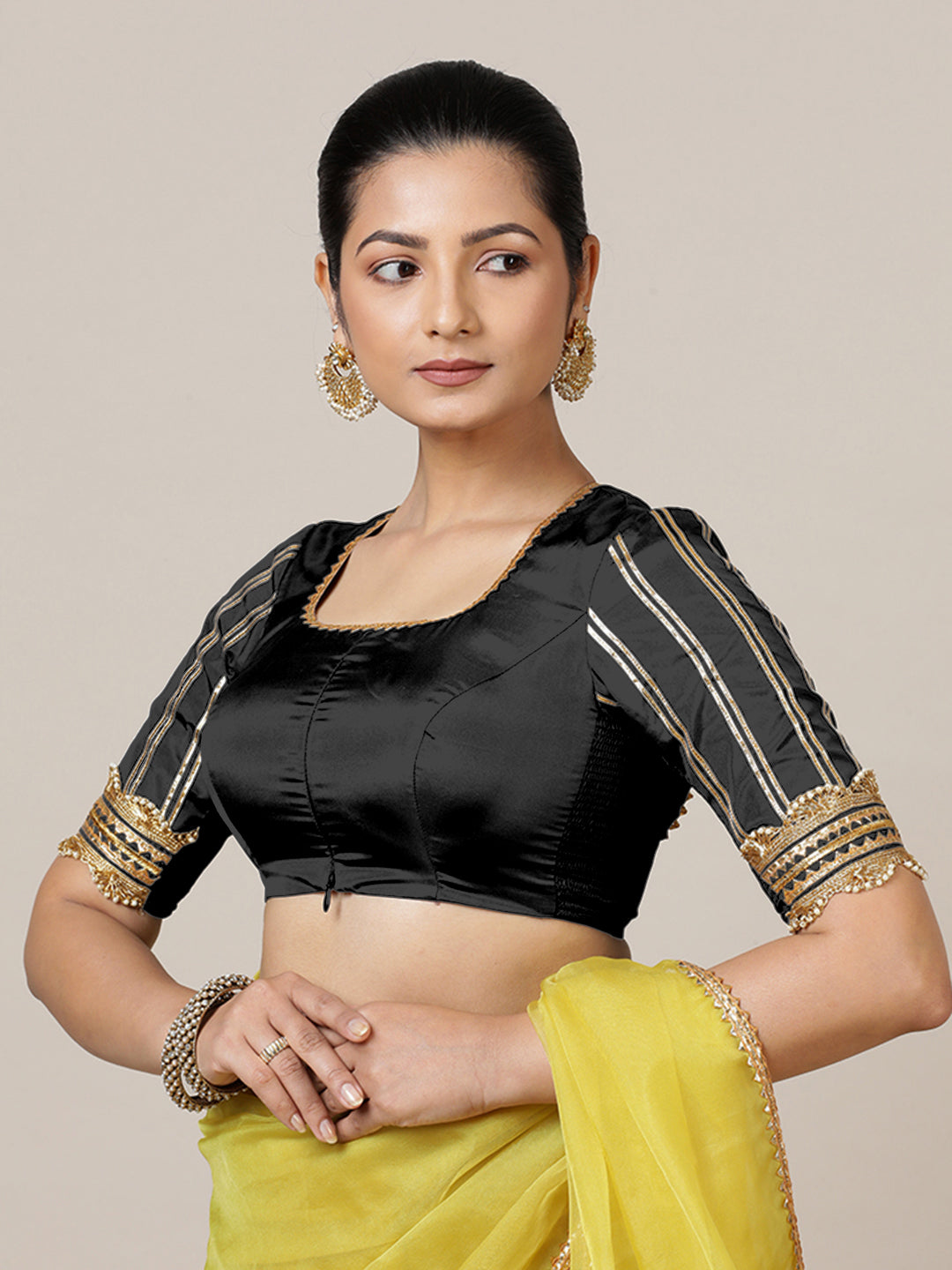Aziza x Tyohaar Saree Blouse, in Black Vegan Silk, featuring elbow sleeves and square neckline, made for party & festive.