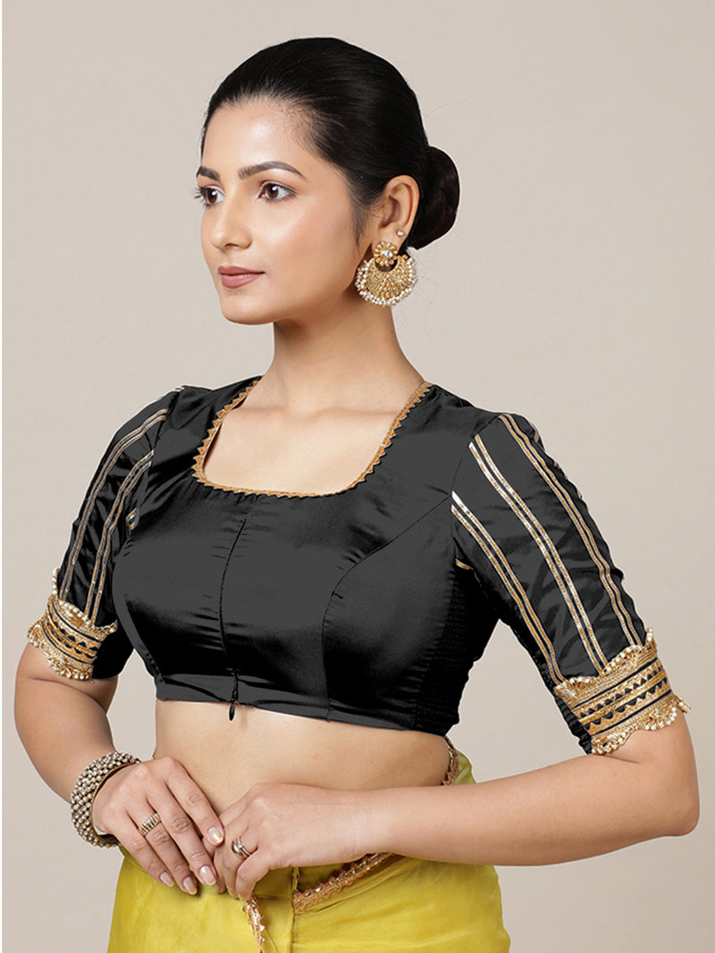 Aziza x Tyohaar | Elbow Sleeves Saree Blouse in Charcoal Black-Binks
