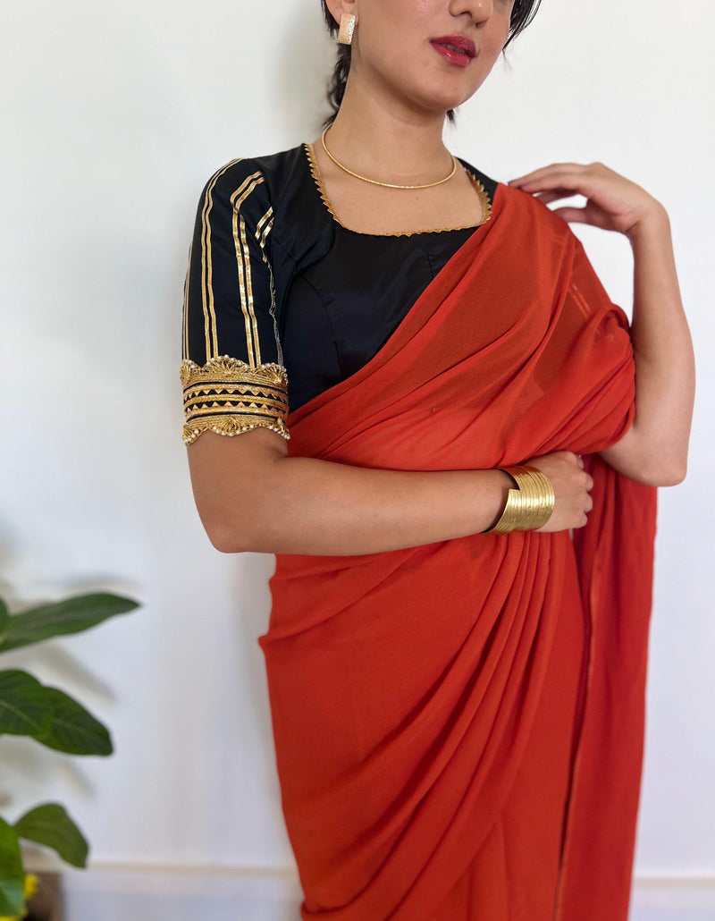 Aziza x Tyohaar | Elbow Sleeves Saree Blouse in Charcoal Black-Binks