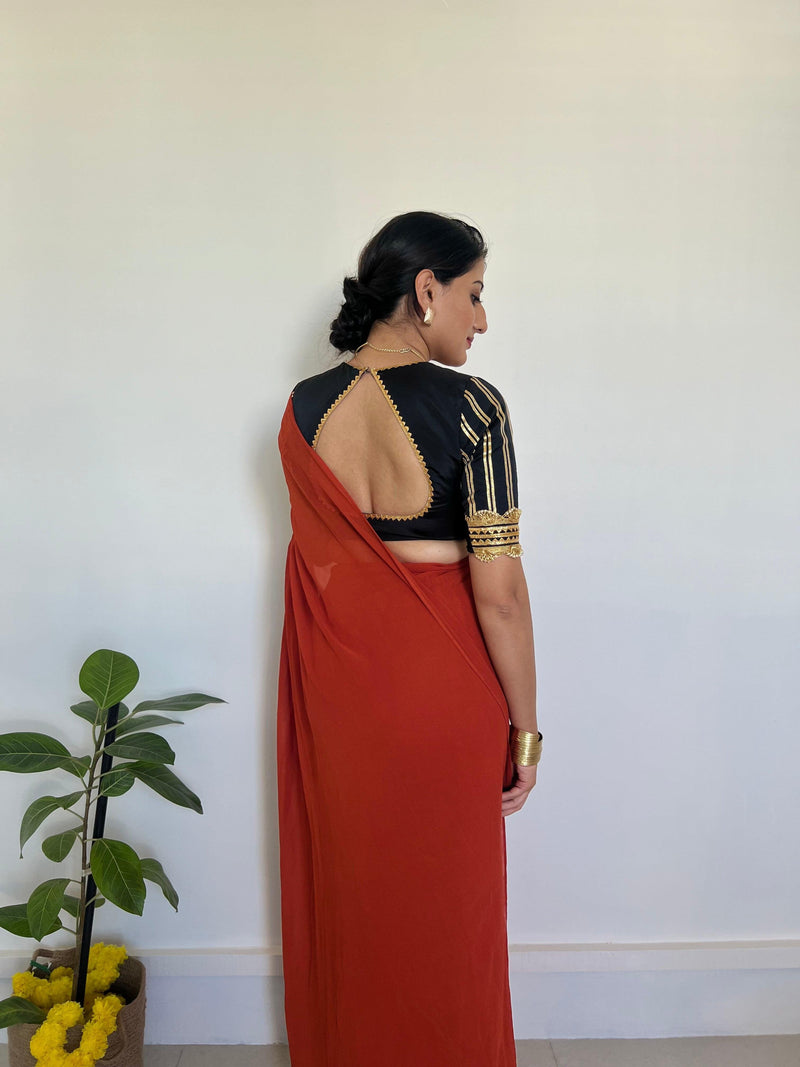 Aziza x Tyohaar | Elbow Sleeves Saree Blouse in Charcoal Black-Binks