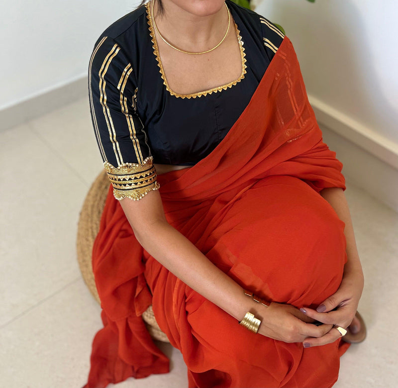 Aziza x Tyohaar | Elbow Sleeves Saree Blouse in Charcoal Black-Binks