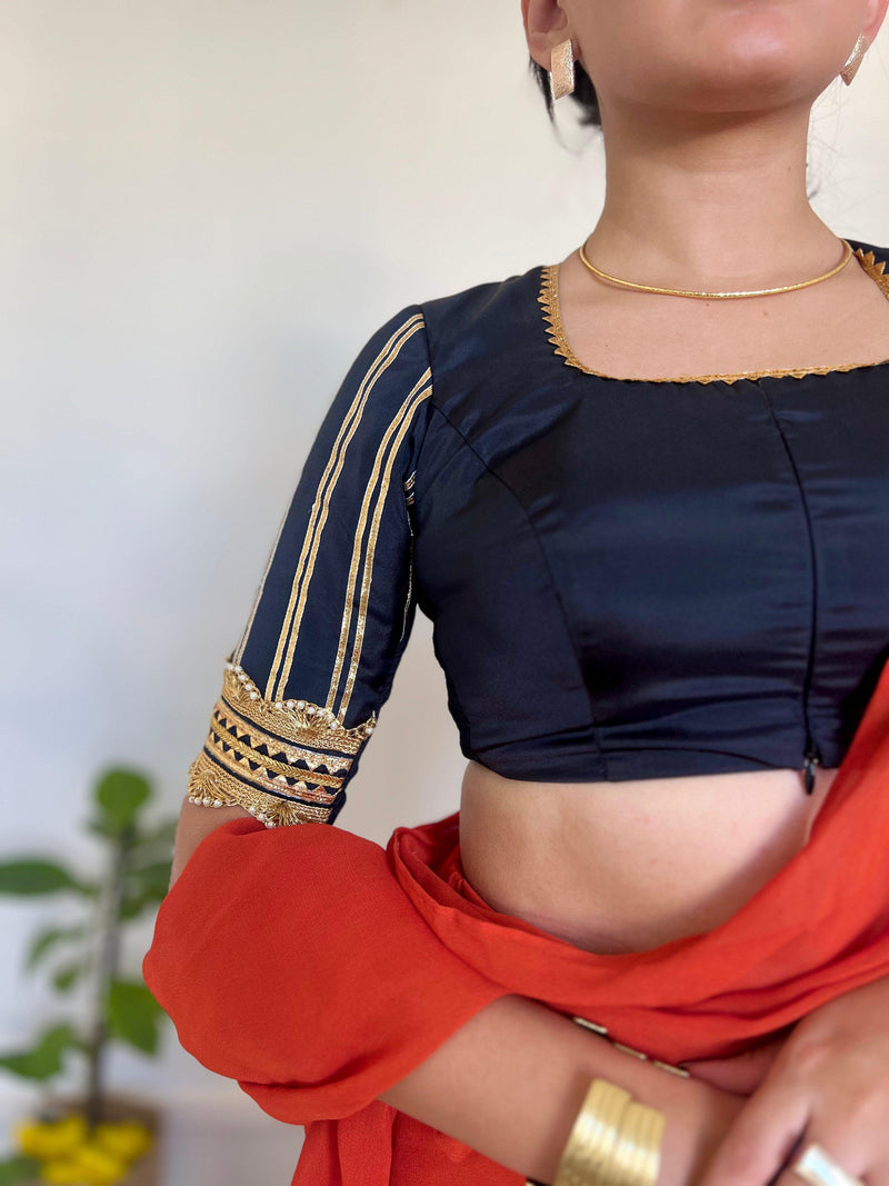 Aziza x Tyohaar | Elbow Sleeves Saree Blouse in Charcoal Black-Binks