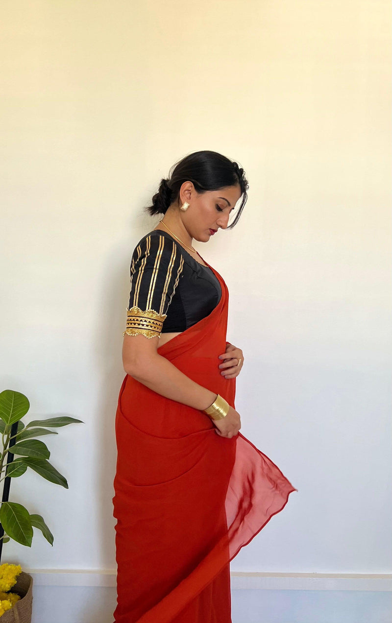 Aziza x Tyohaar | Elbow Sleeves Saree Blouse in Charcoal Black-Binks