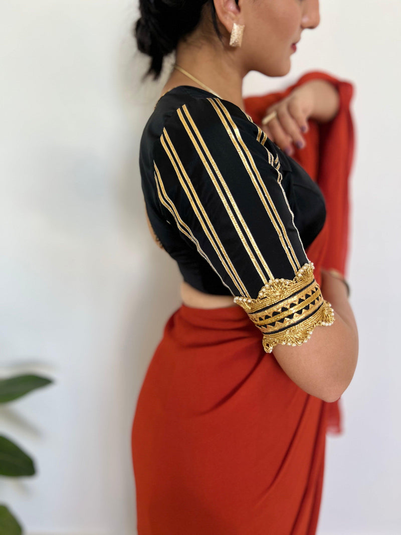 Aziza x Tyohaar | Elbow Sleeves Saree Blouse in Charcoal Black-Binks