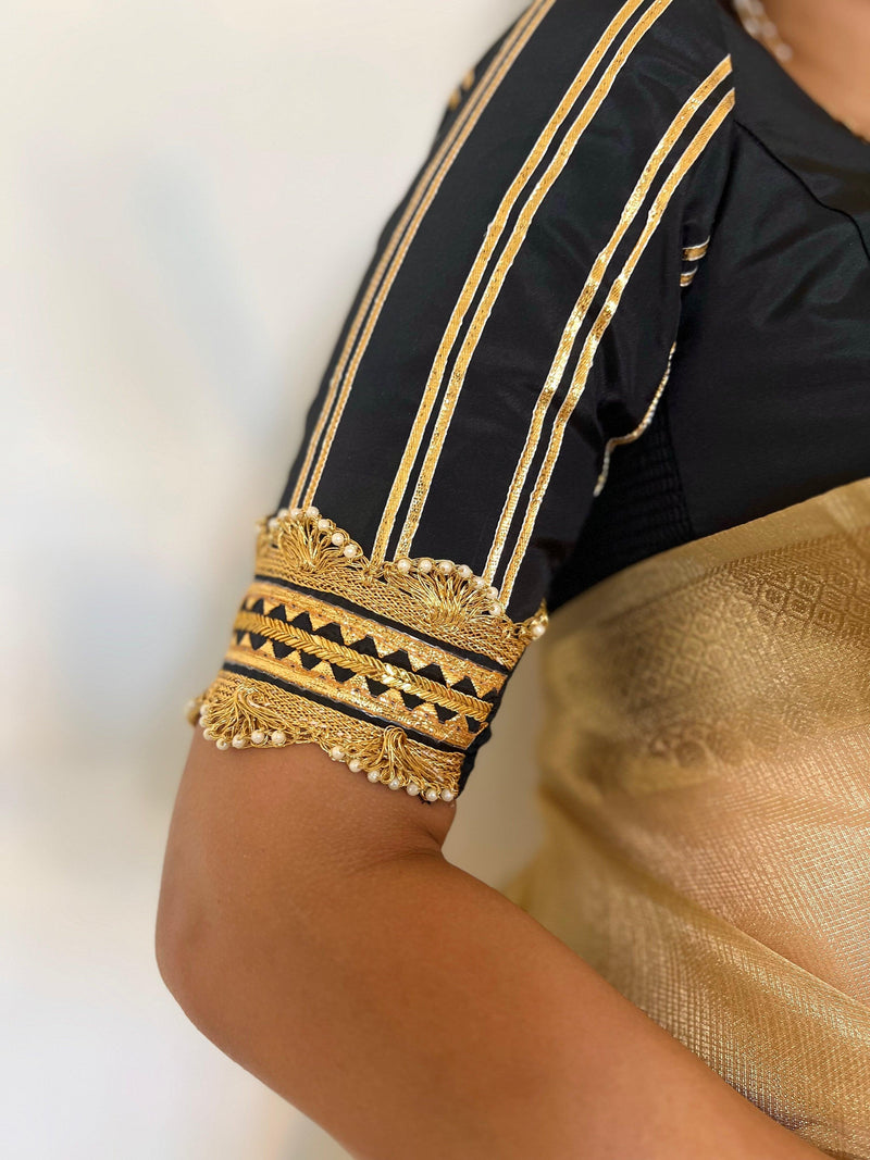 Aziza x Tyohaar | Elbow Sleeves Saree Blouse in Charcoal Black-Binks