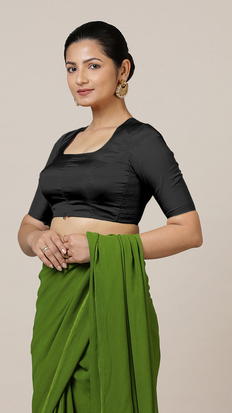 Aziza x Rozaana Saree Blouse, in Black Vegan Silk, featuring elbow sleeves and square neckline, made for daily & work.