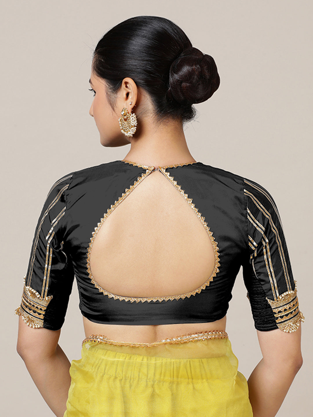 Aziza x Tyohaar Saree Blouse, in Black Vegan Silk, featuring elbow sleeves and square neckline, made for party & festive.