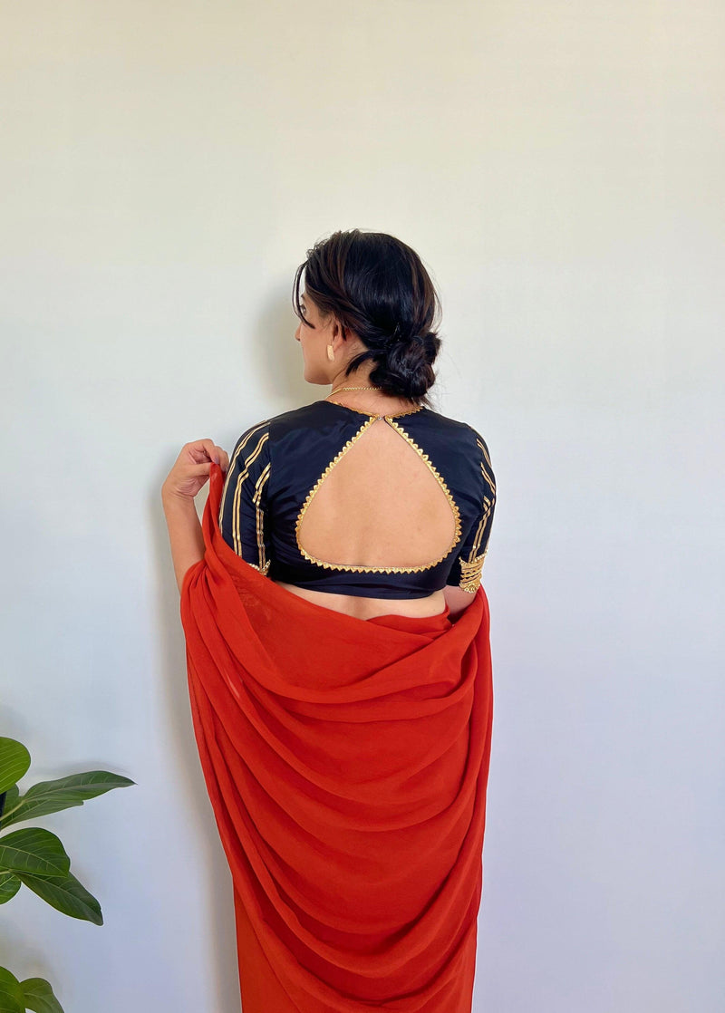 Aziza x Tyohaar | Elbow Sleeves Saree Blouse in Charcoal Black-Binks