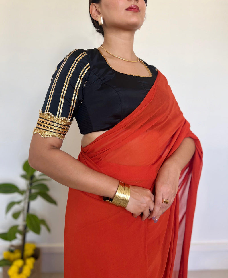 Aziza x Tyohaar | Elbow Sleeves Saree Blouse in Charcoal Black-Binks