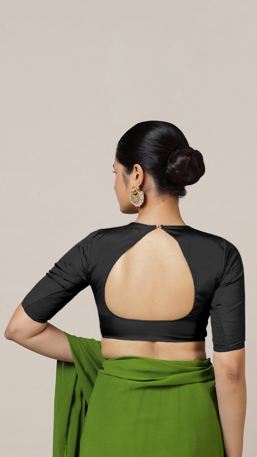 Aziza x Rozaana Saree Blouse, in Black Vegan Silk, featuring elbow sleeves and square neckline, made for daily & work (view 2).