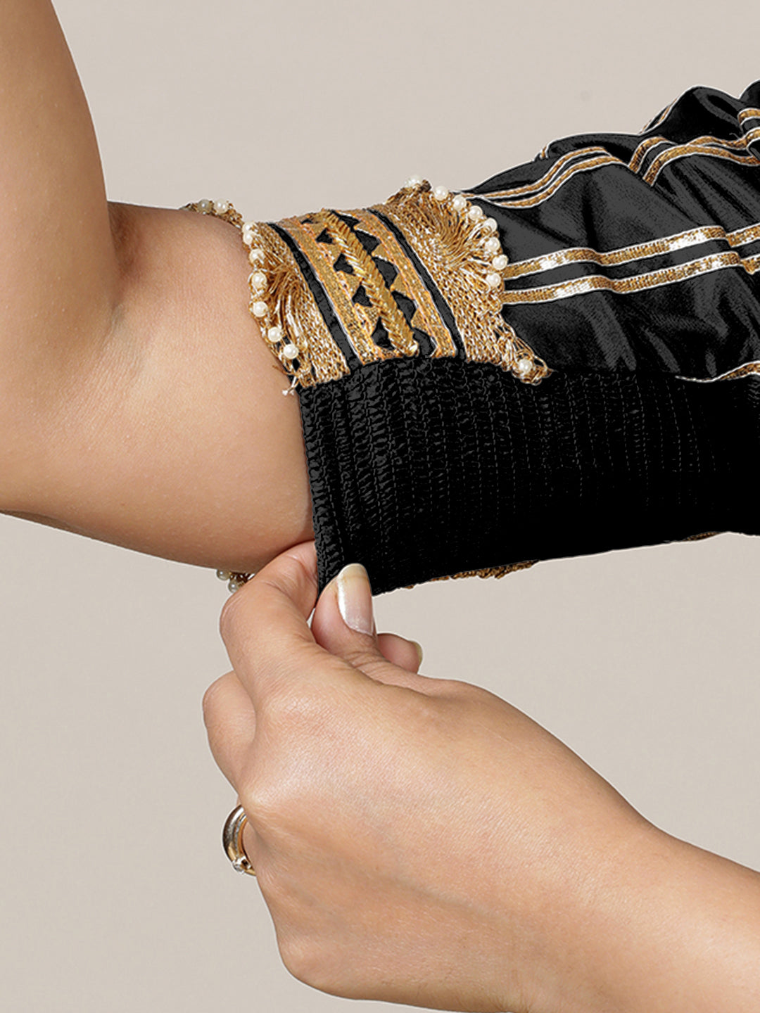 Aziza x Tyohaar Saree Blouse, in Black Vegan Silk, featuring elbow sleeves and square neckline, made for party & festive.