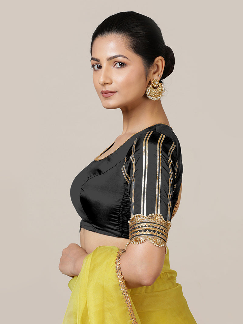 Aziza x Tyohaar | Elbow Sleeves Saree Blouse in Charcoal Black-Binks