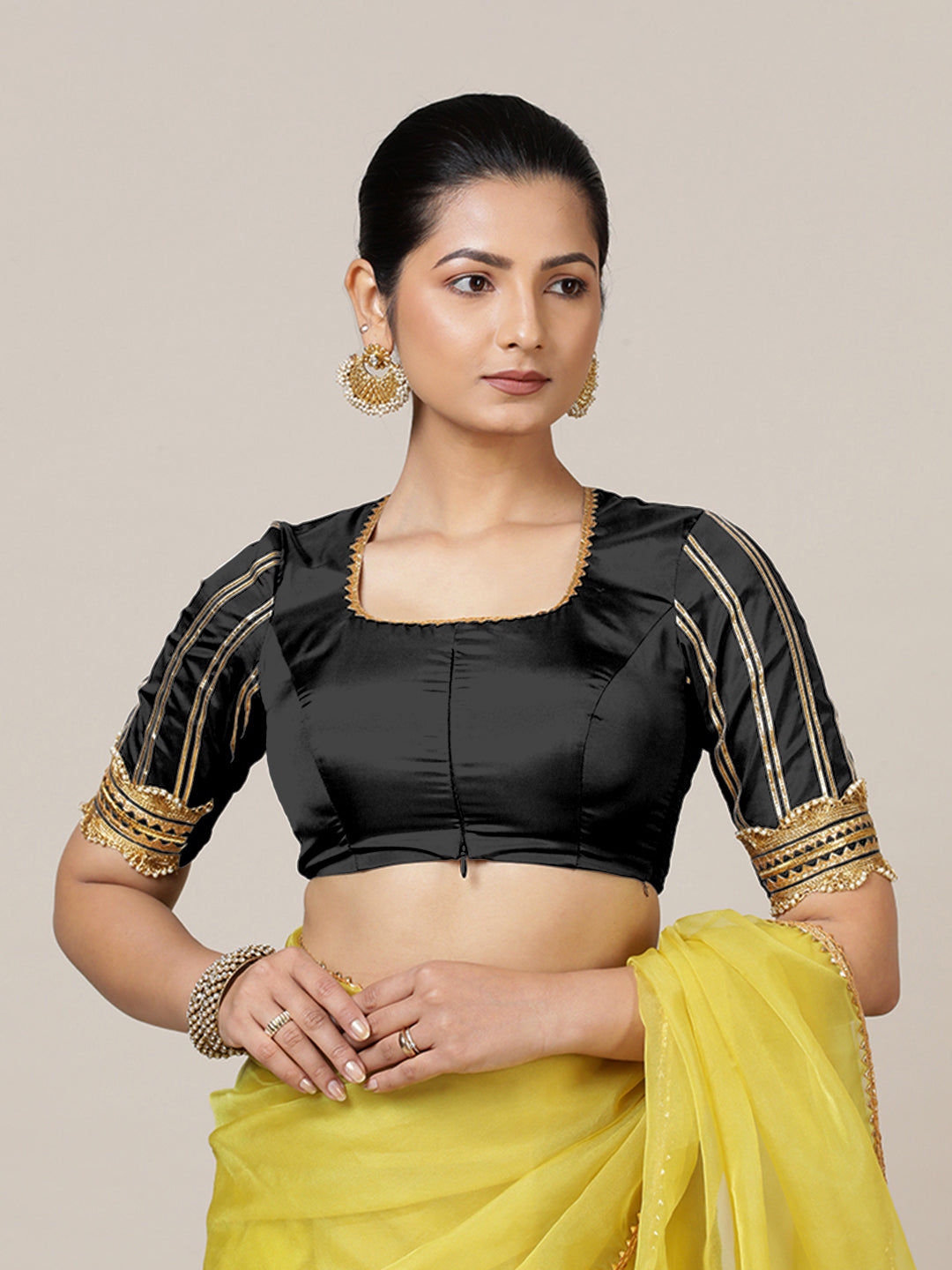 Aziza x Tyohaar Saree Blouse, in Black Vegan Silk, featuring elbow sleeves and square neckline, made for party & festive.