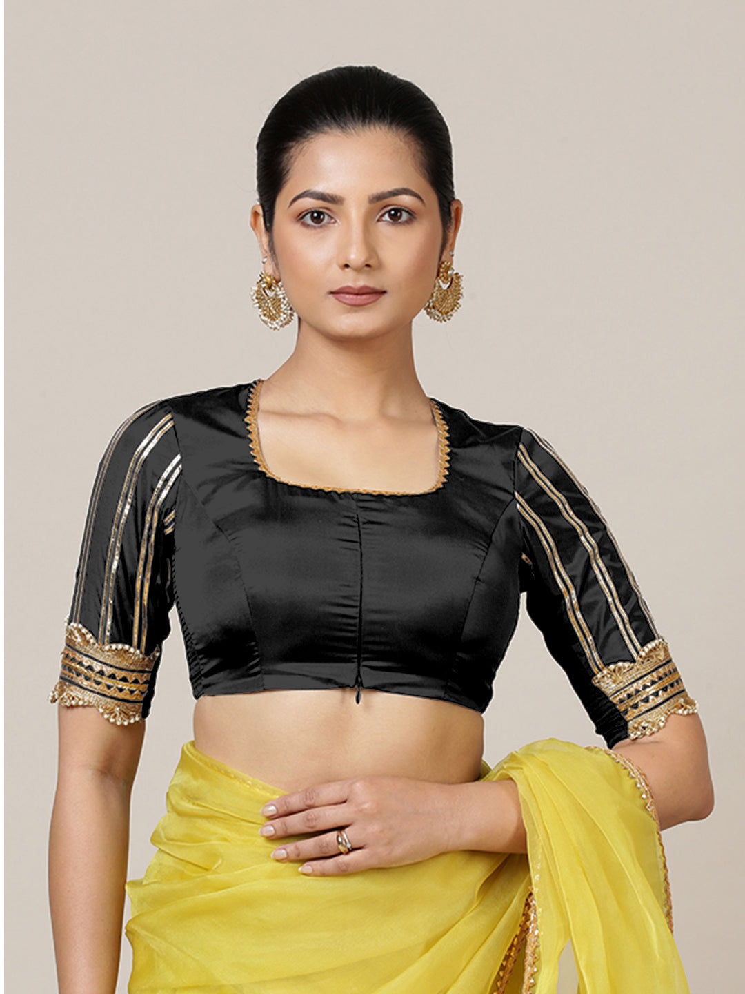 Aziza x Tyohaar Saree Blouse, in Black Vegan Silk, featuring elbow sleeves and square neckline, made for party & festive.