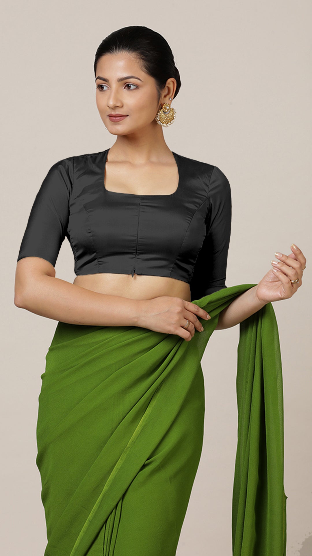Aziza x Rozaana Saree Blouse, in Black Vegan Silk, featuring elbow sleeves and square neckline, made for daily & work (view 8).