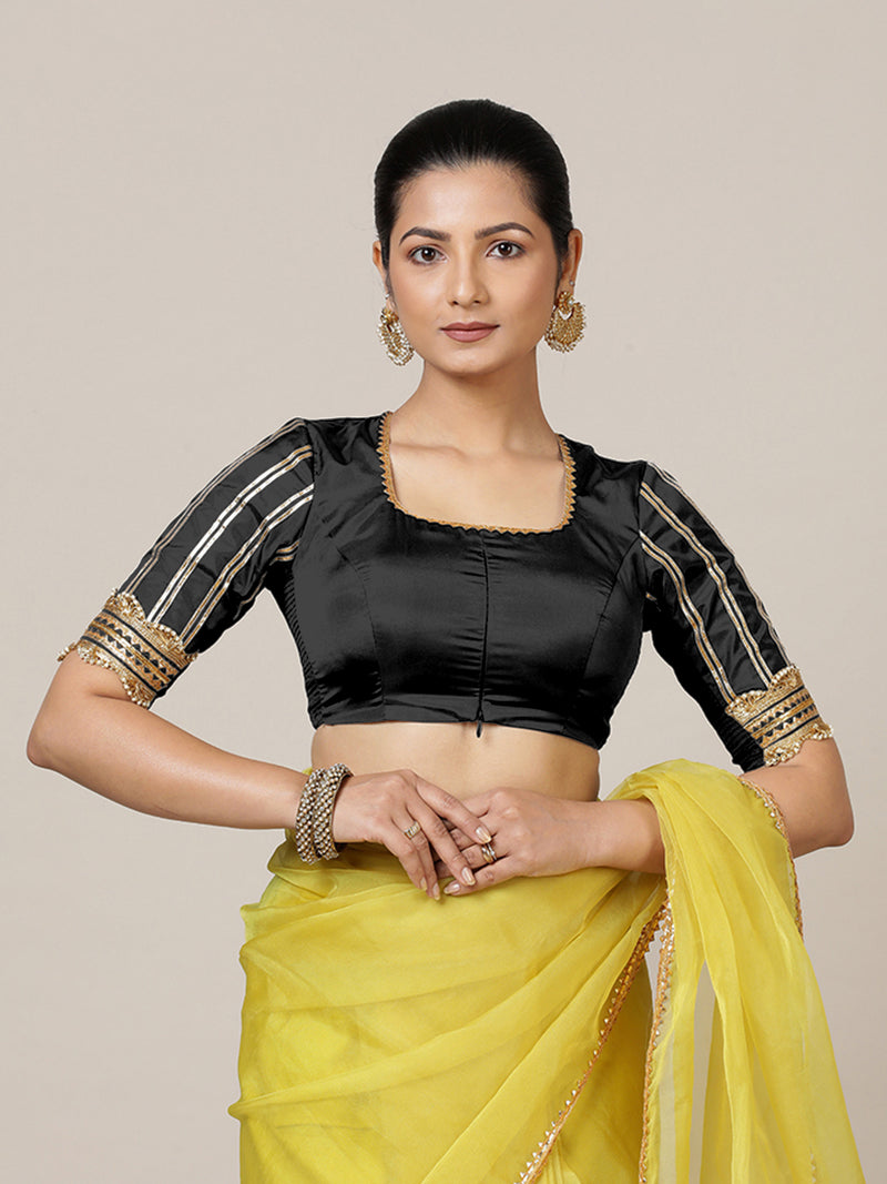 Aziza x Tyohaar | Elbow Sleeves Saree Blouse in Charcoal Black-Binks