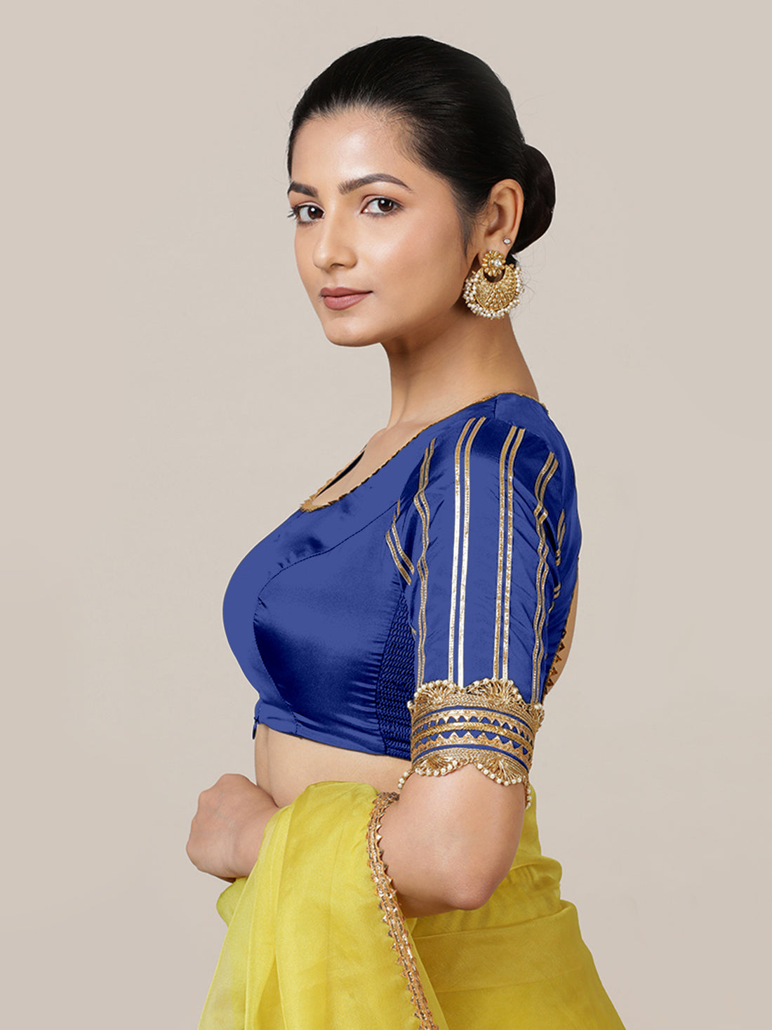 Aziza x Tyohaar Saree Blouse, in Blue Vegan Silk, featuring elbow sleeves and square neckline, made for party & festive.