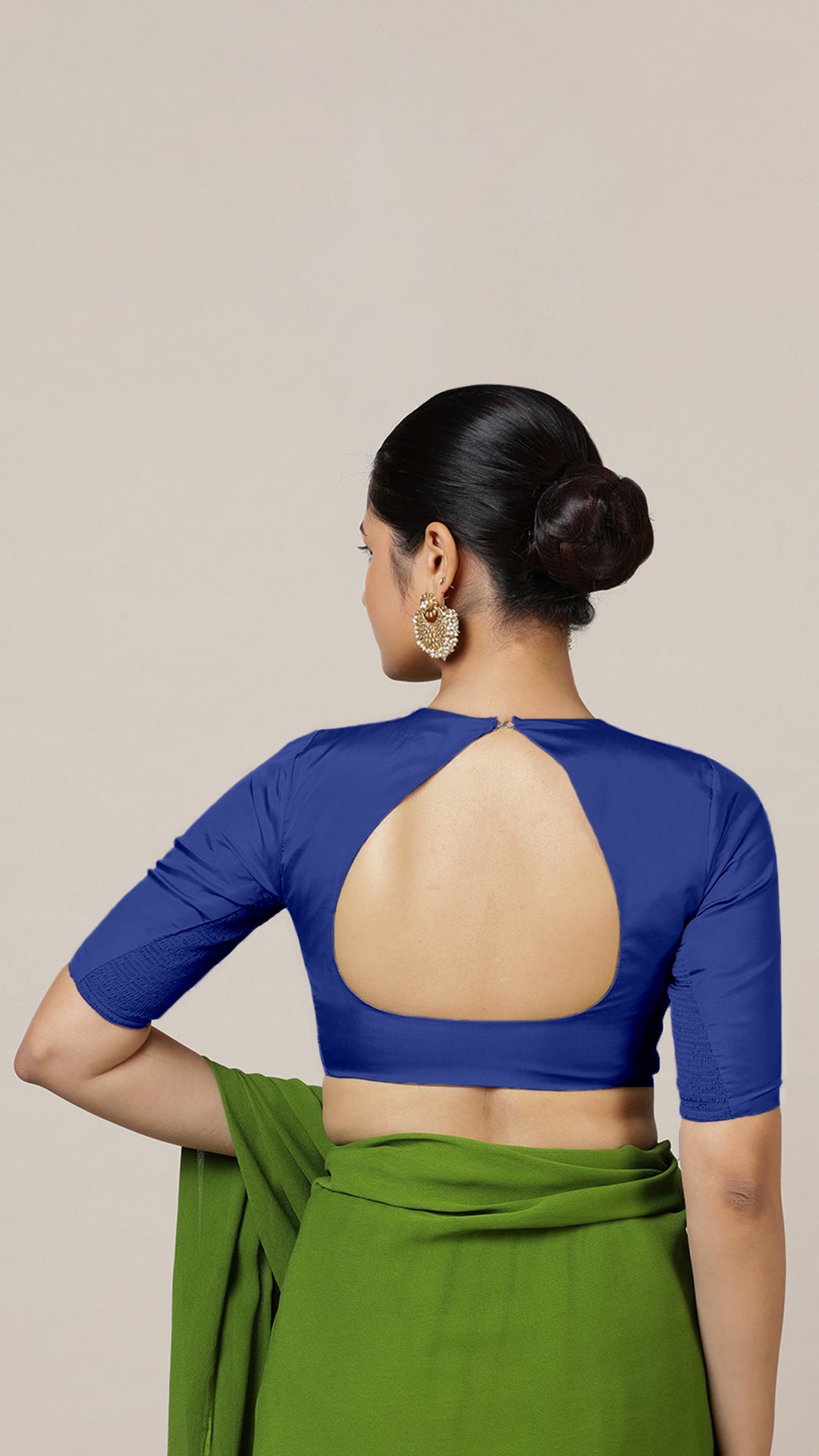 Aziza x Rozaana Saree Blouse, in Blue Vegan Silk, featuring elbow sleeves and square neckline, made for daily & work (view 2).