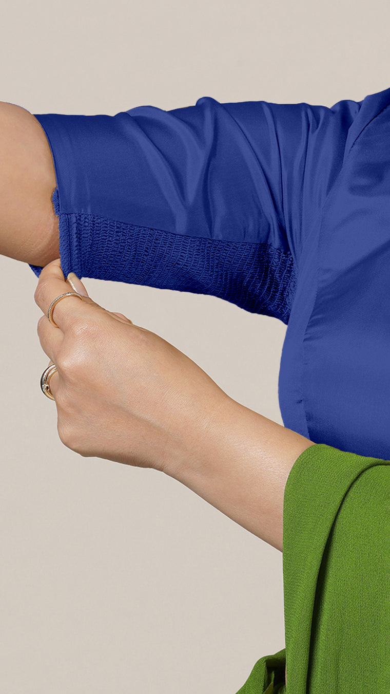 Aziza x Rozaana Saree Blouse, in Blue Vegan Silk, featuring elbow sleeves and square neckline, made for daily & work (view 3).