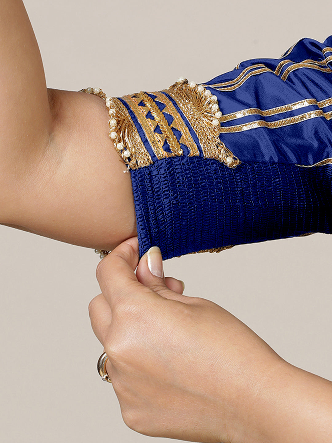 Aziza x Tyohaar Saree Blouse, in Blue Vegan Silk, featuring elbow sleeves and square neckline, made for party & festive.