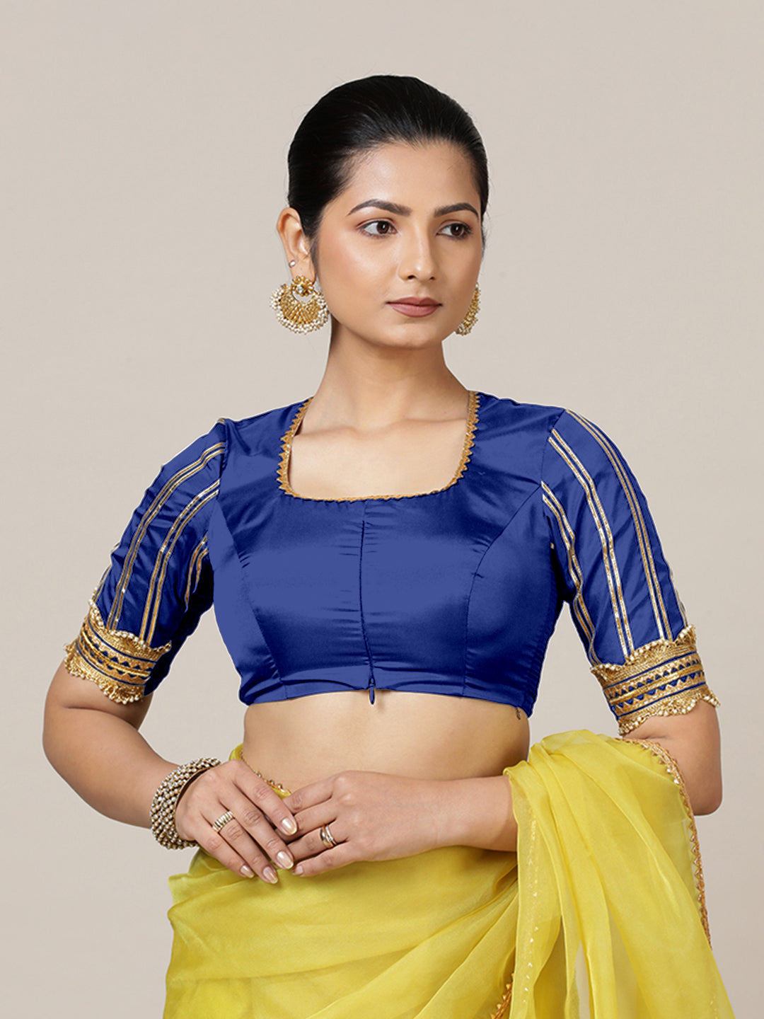 Aziza x Tyohaar Saree Blouse, in Blue Vegan Silk, featuring elbow sleeves and square neckline, made for party & festive.