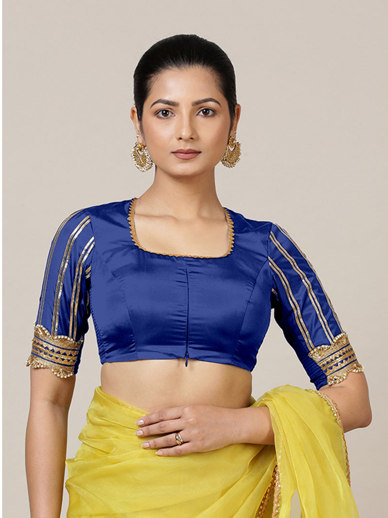 Aziza x Tyohaar | Elbow Sleeves Saree Blouse in Cobalt Blue-Binks