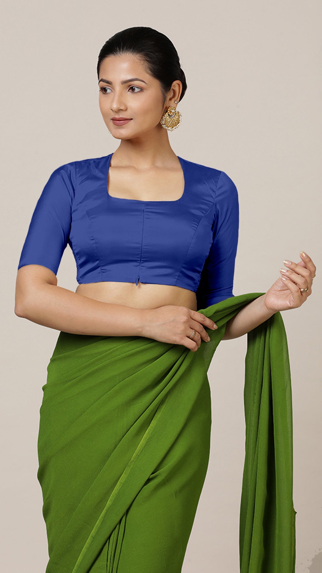 Aziza x Rozaana Saree Blouse, in Blue Vegan Silk, featuring elbow sleeves and square neckline, made for daily & work (view 8).