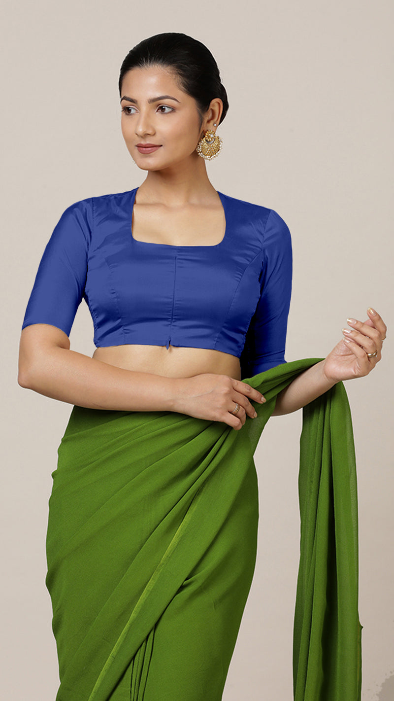 Aziza x Rozaana | Elbow Sleeves Saree Blouse in Cobalt Blue-Binks