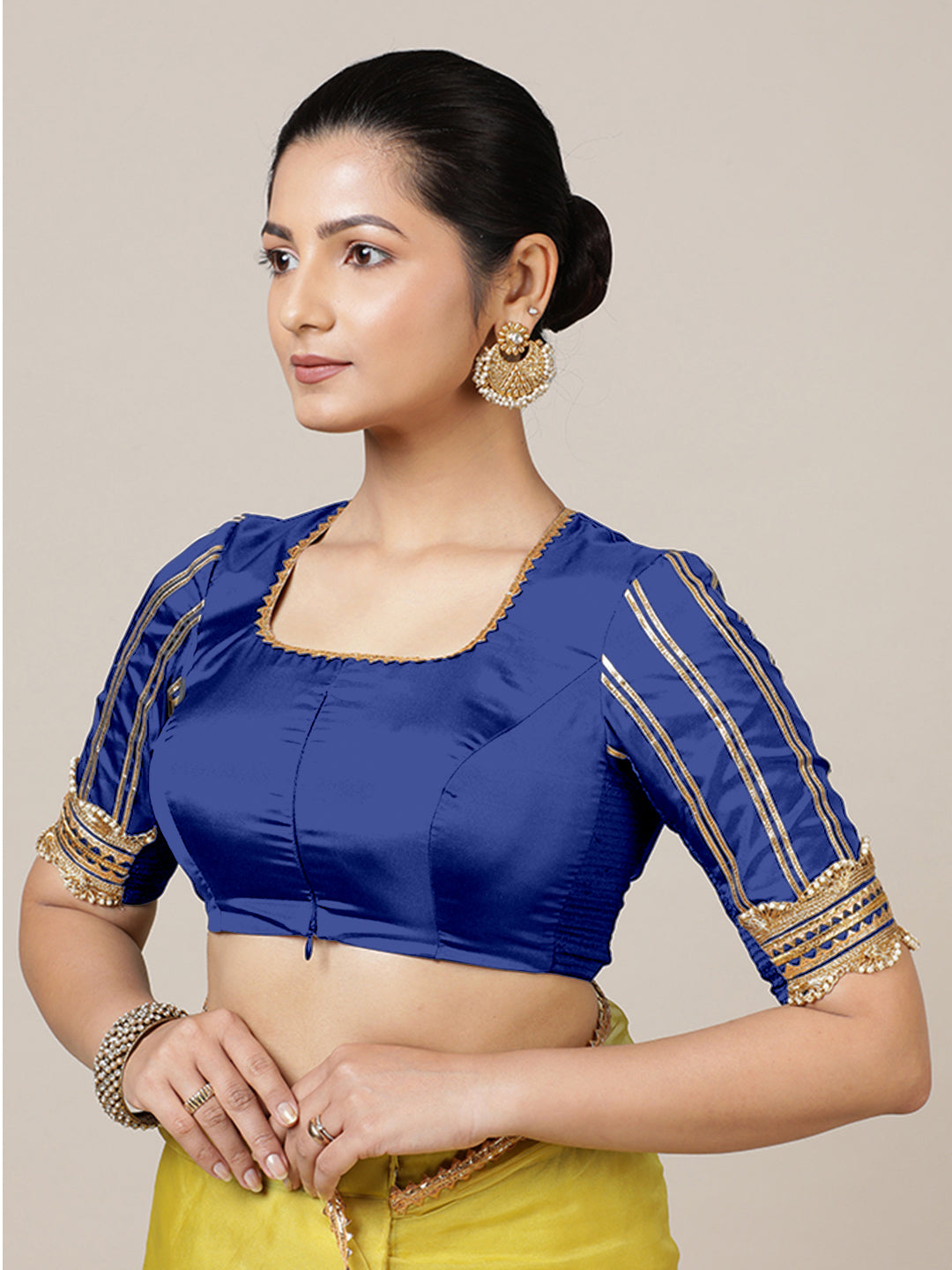Aziza x Tyohaar Saree Blouse, in Blue Vegan Silk, featuring elbow sleeves and square neckline, made for party & festive.