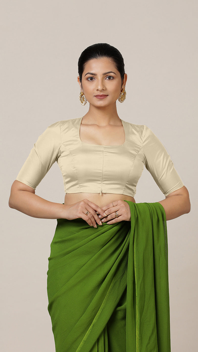 Aziza x Rozaana | Elbow Sleeves Saree Blouse in Cream-Binks