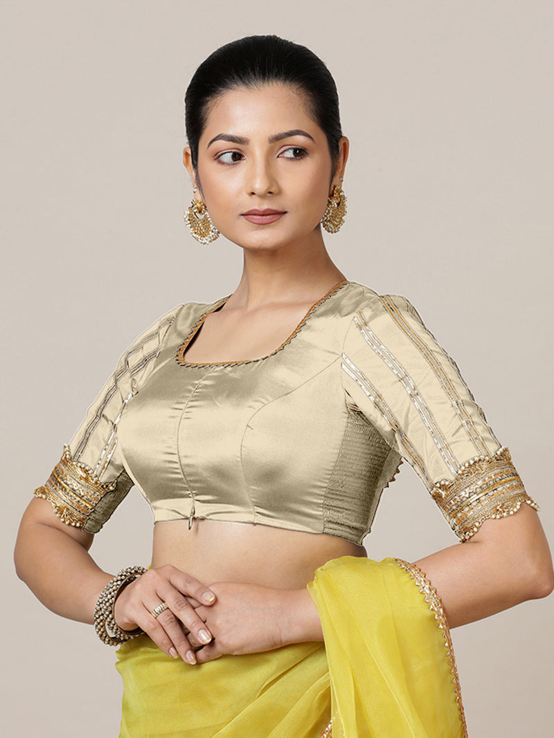 Aziza x Tyohaar | Elbow Sleeves Saree Blouse in Cream-Binks