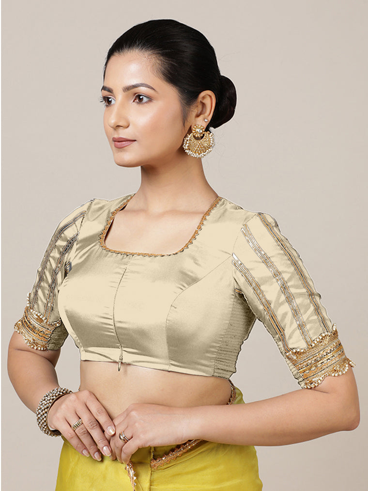 Aziza x Tyohaar Saree Blouse, in Cream Vegan Silk, featuring elbow sleeves and square neckline, made for party & festive.