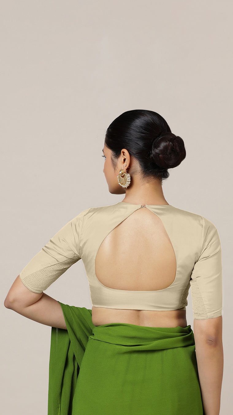 Aziza x Rozaana Saree Blouse, in Cream Vegan Silk, featuring elbow sleeves and square neckline, made for daily & work (view 2).