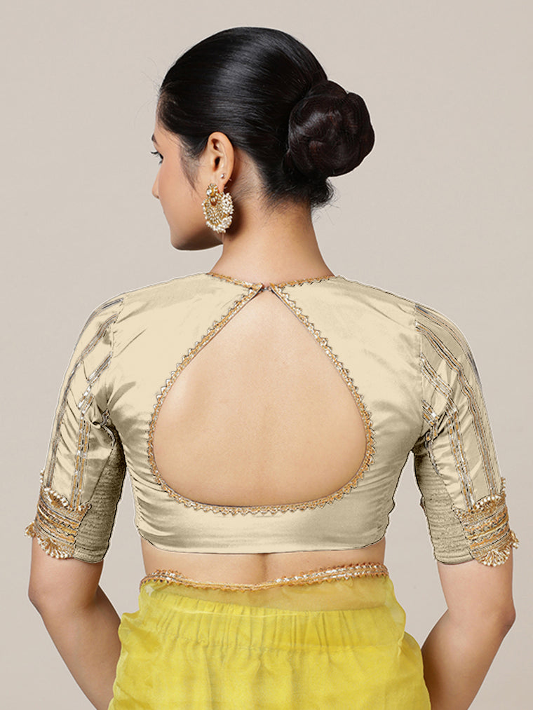 Aziza x Tyohaar Saree Blouse, in Cream Vegan Silk, featuring elbow sleeves and square neckline, made for party & festive.
