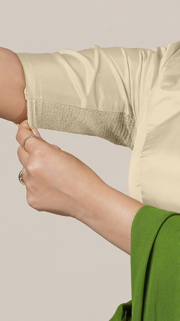 Aziza x Rozaana Saree Blouse, in Cream Vegan Silk, featuring elbow sleeves and square neckline, made for daily & work (view 3).
