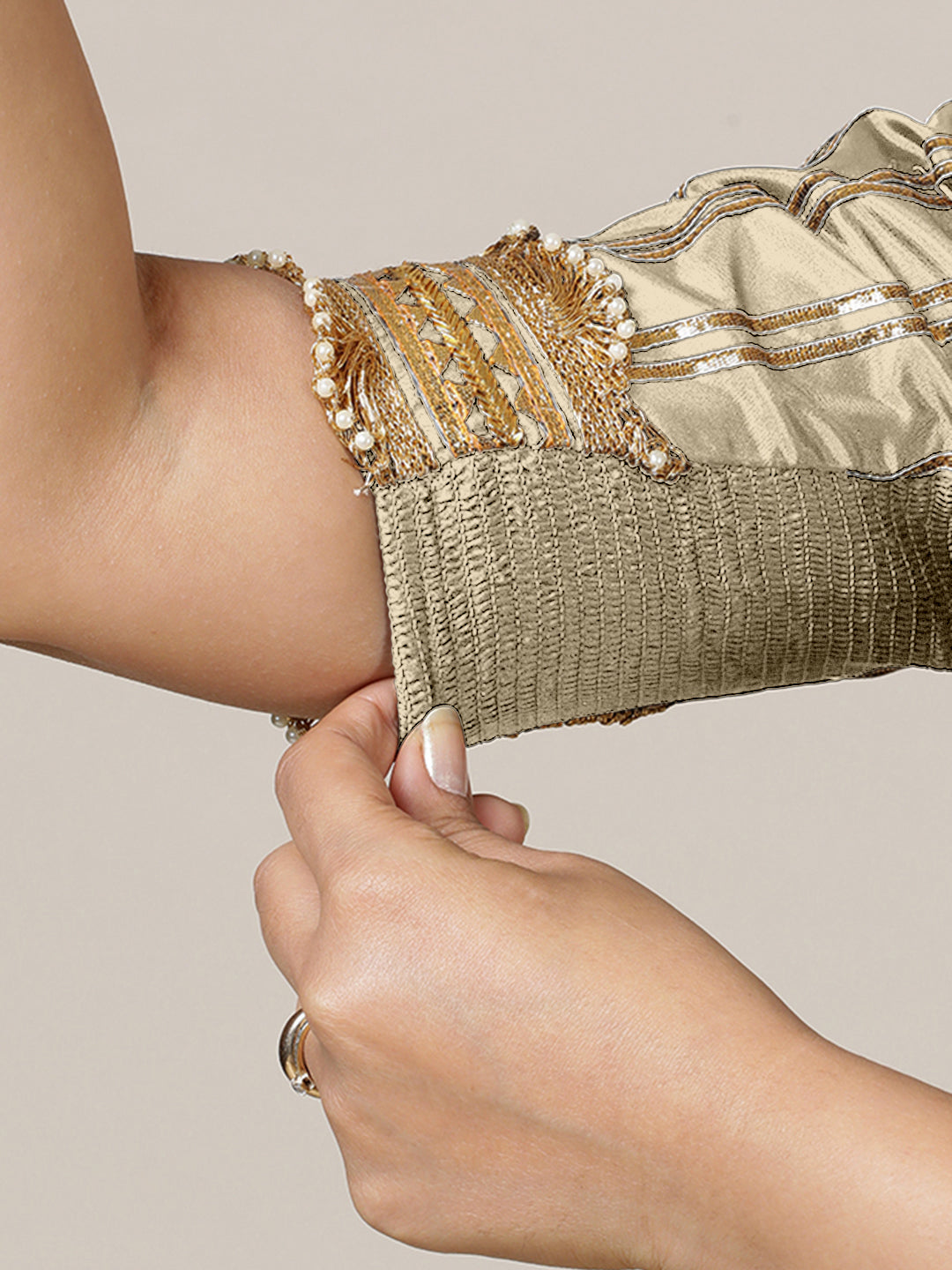Aziza x Tyohaar Saree Blouse, in Cream Vegan Silk, featuring elbow sleeves and square neckline, made for party & festive.