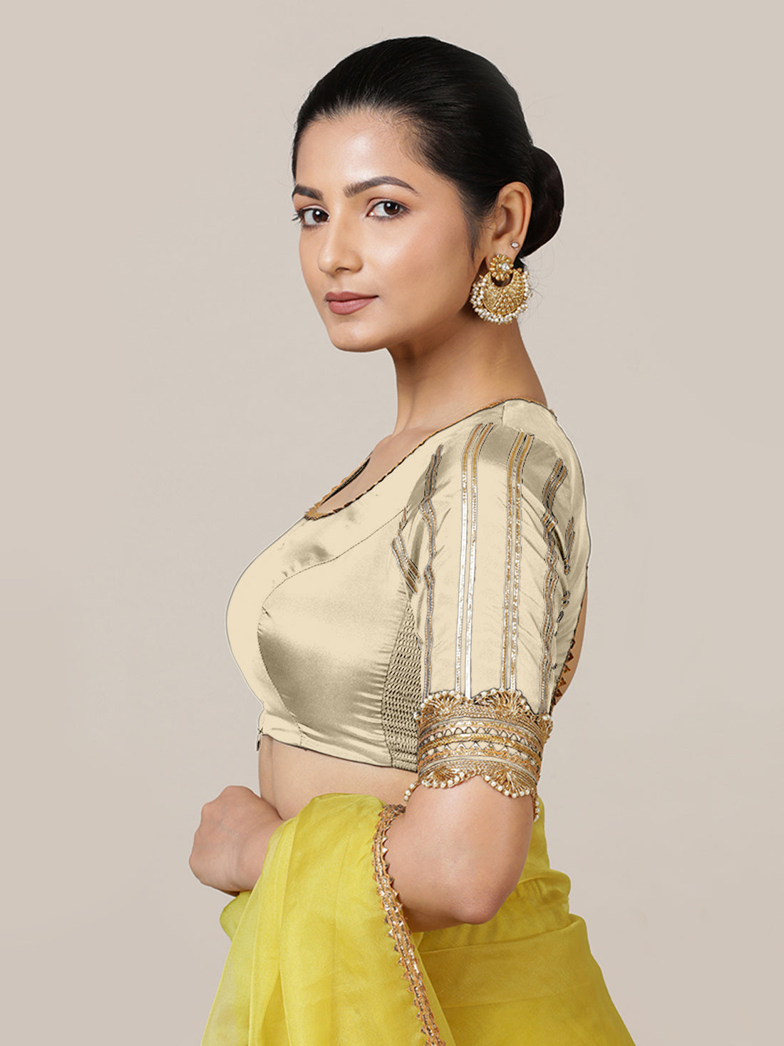 Aziza x Tyohaar Saree Blouse, in Cream Vegan Silk, featuring elbow sleeves and square neckline, made for party & festive.