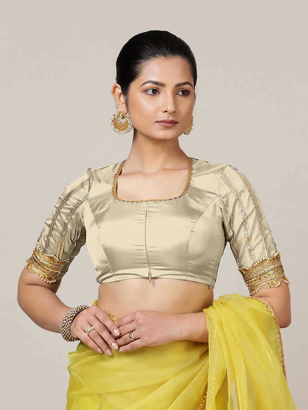 Aziza x Tyohaar Saree Blouse, in Cream Vegan Silk, featuring elbow sleeves and square neckline, made for party & festive.