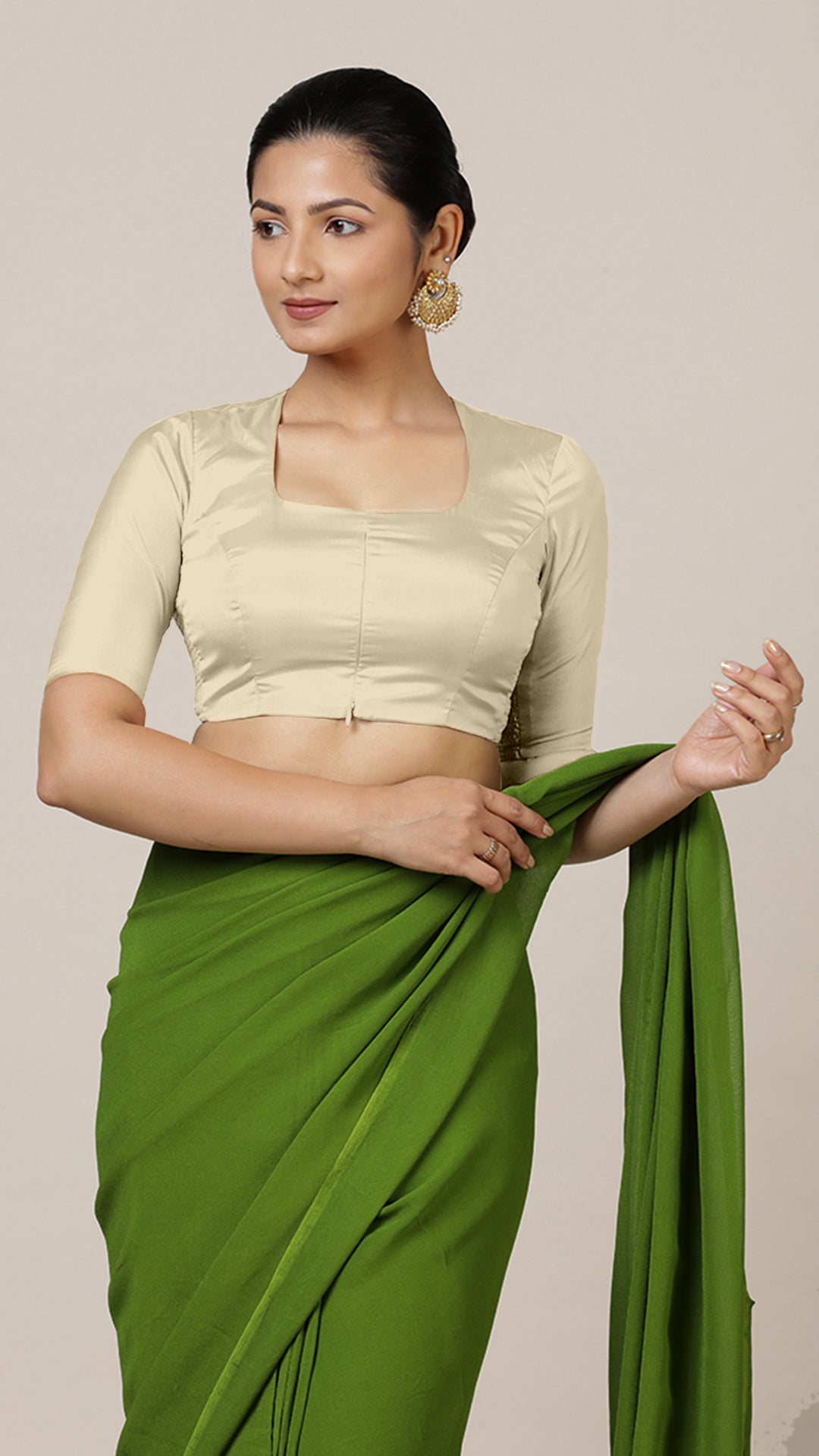 Aziza x Rozaana Saree Blouse, in Cream Vegan Silk, featuring elbow sleeves and square neckline, made for daily & work (view 8).